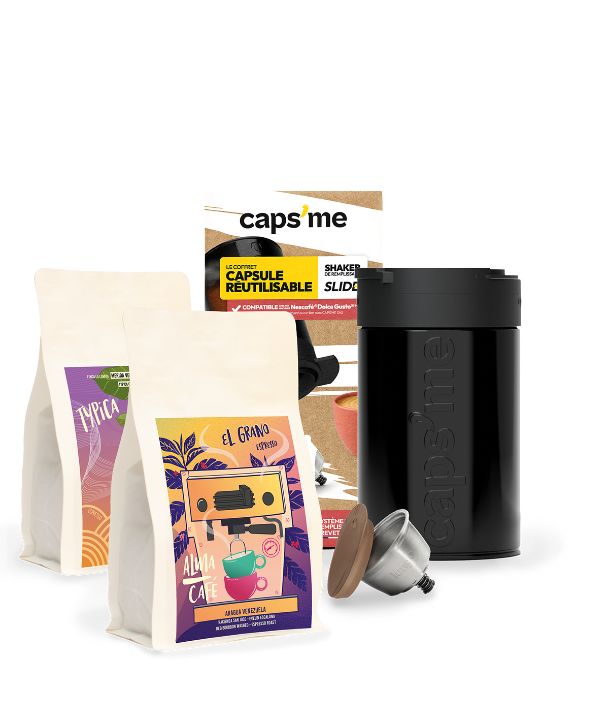 Pakket herbruikbare cups compatibel met "Dolce Gusto" + 2x 250g AlmaCafe