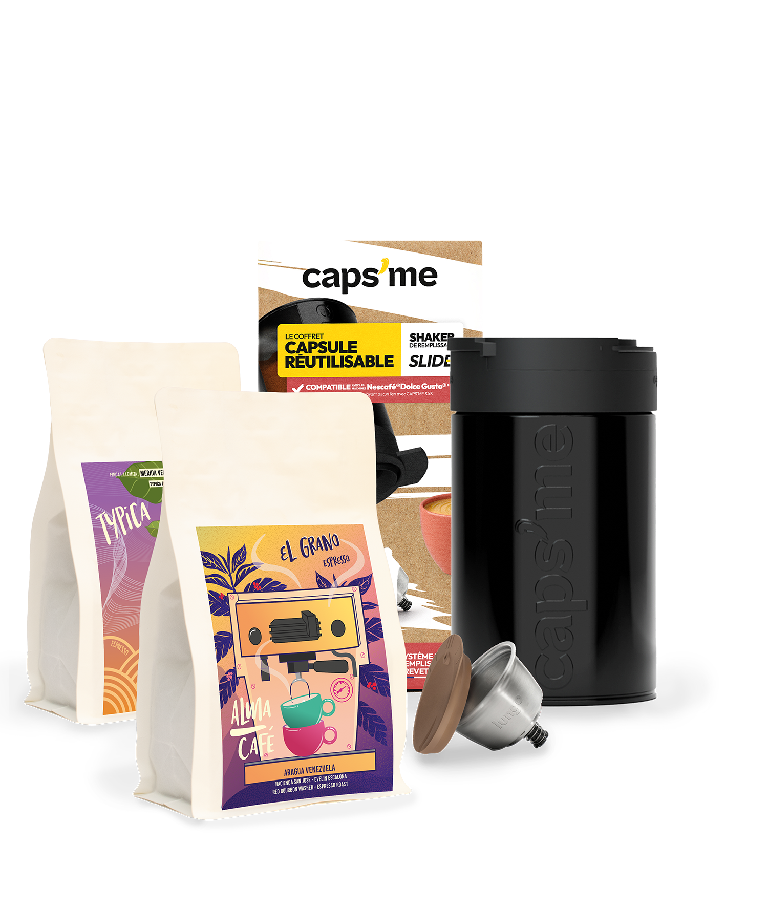 Pack of reusable "Dolce Gusto" compatible cup + 2x 250g AlmaCafe
